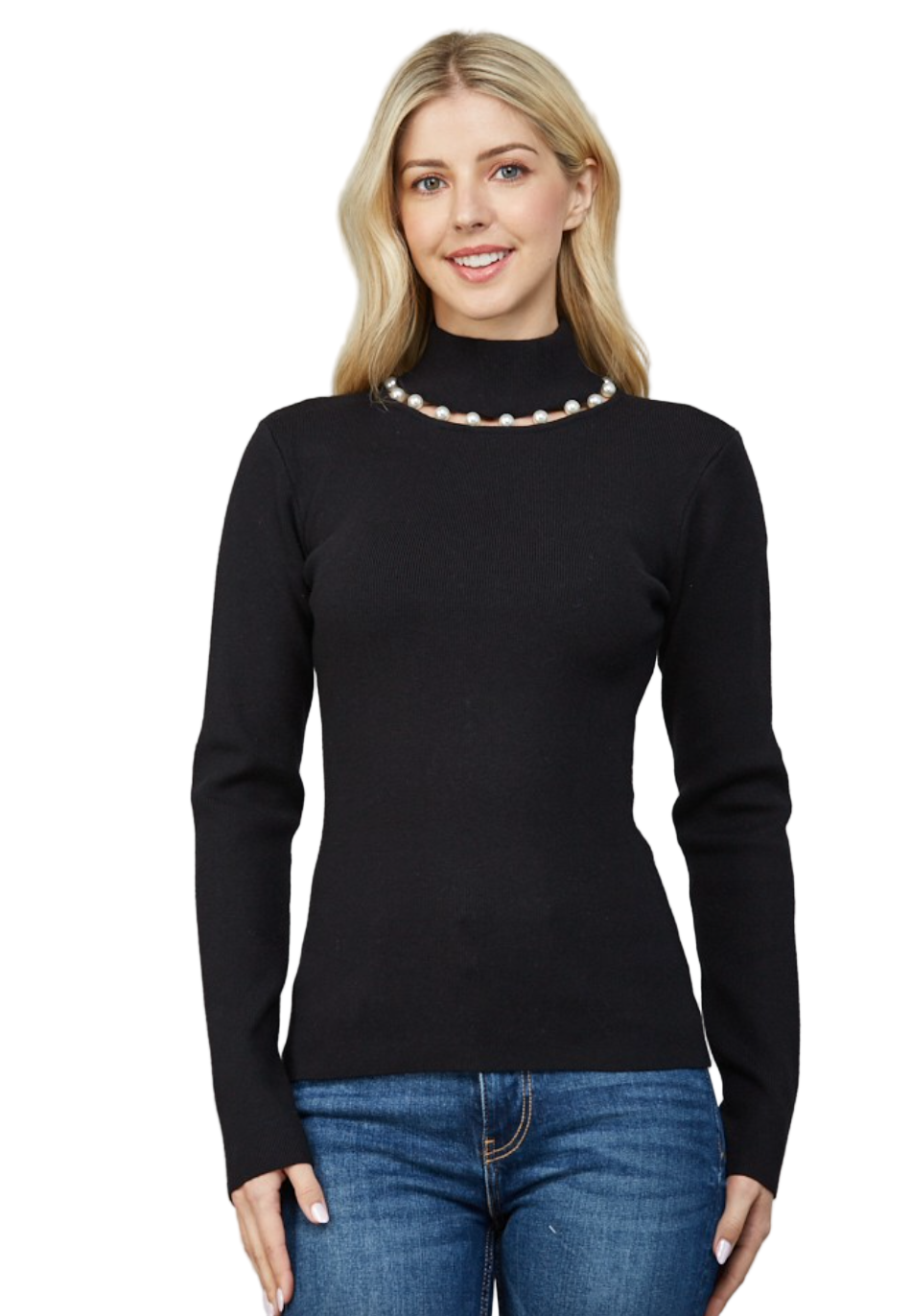 Pearl Trim Turtleneck Sweater-Black
