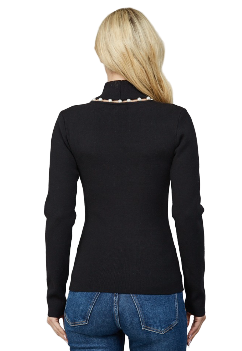 Pearl Trim Turtleneck Sweater-Black