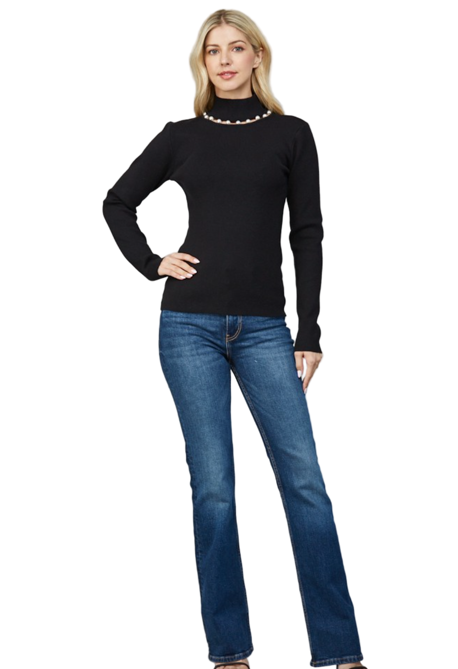Pearl Trim Turtleneck Sweater-Black