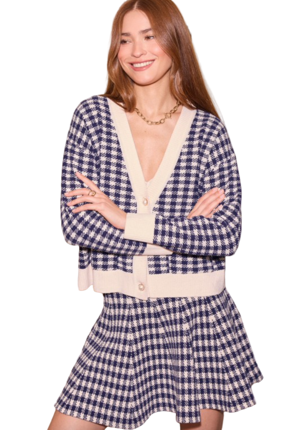 Checkered Cardigan-Navy/Cream