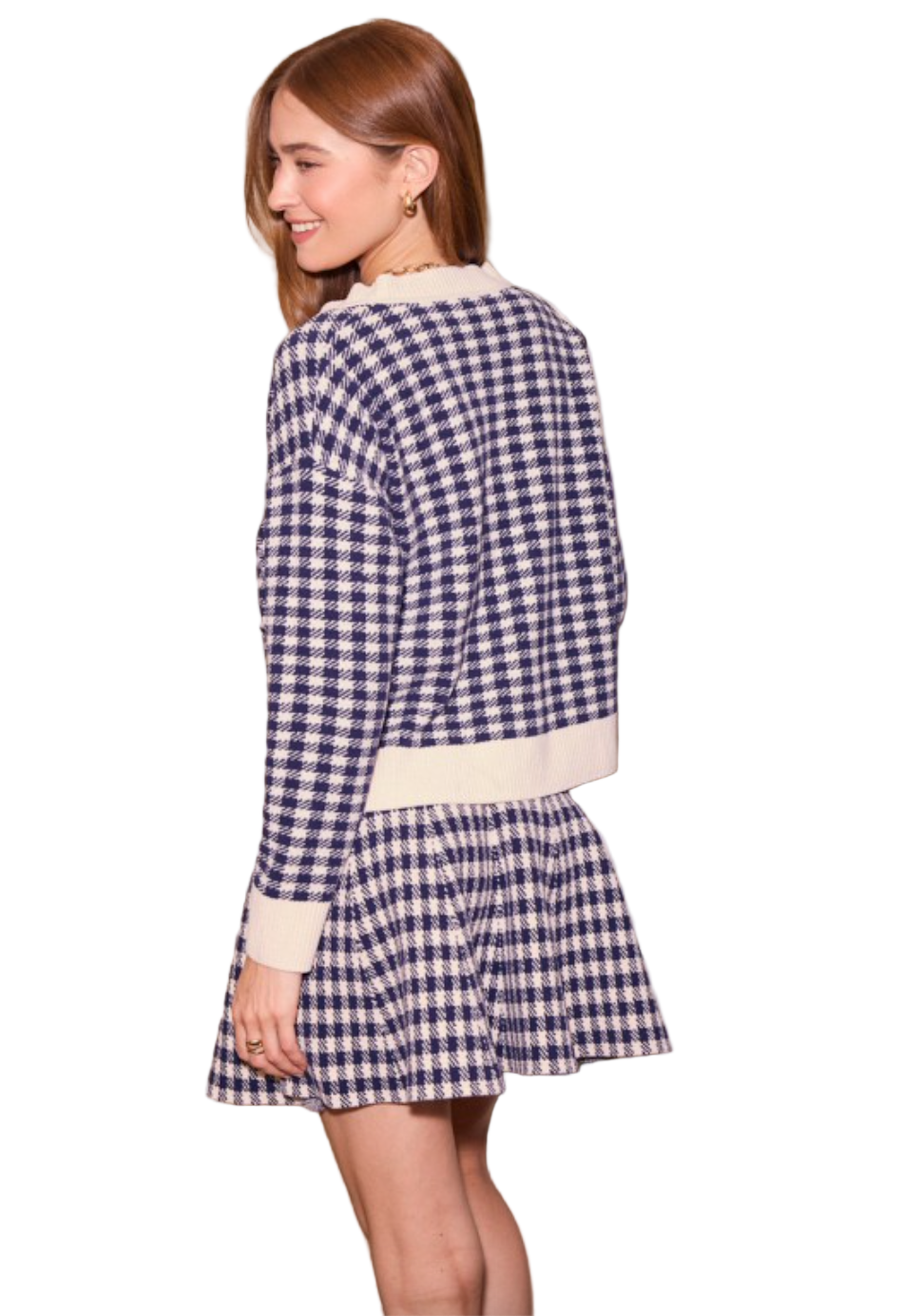 Checkered Cardigan-Navy/Cream