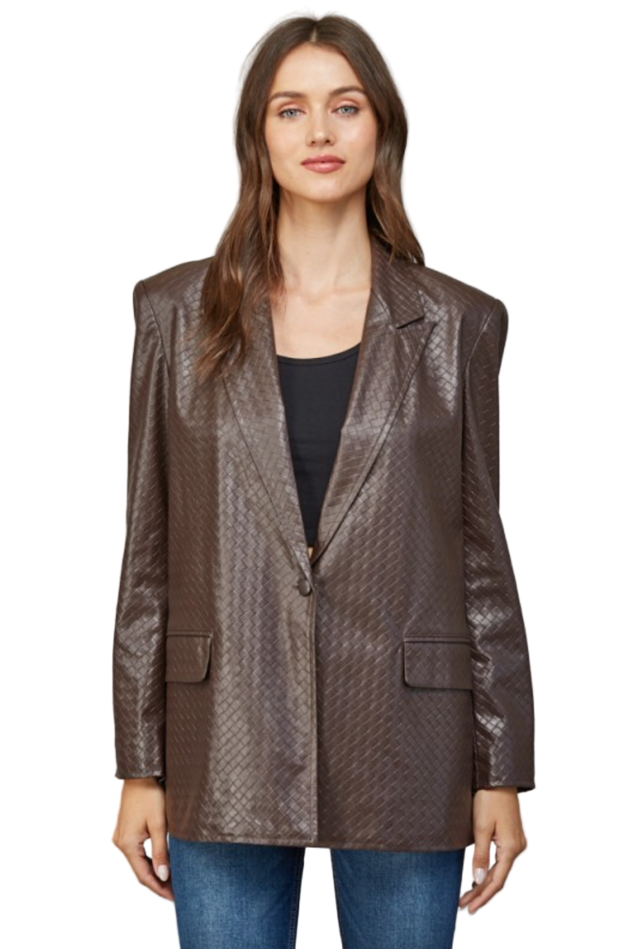 Criss Cross Faux Leather Blazer-Brown