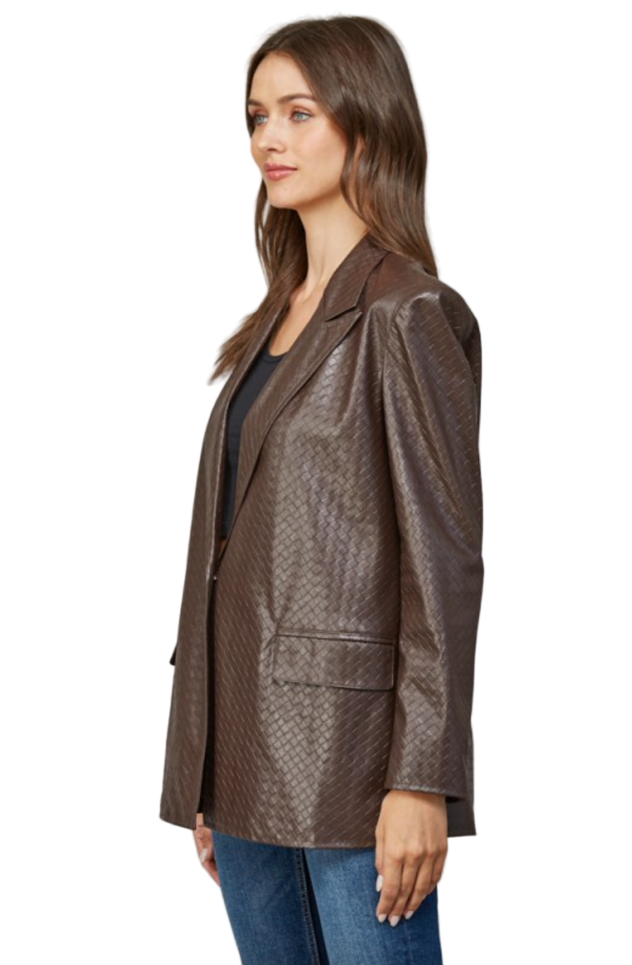 Criss Cross Faux Leather Blazer-Brown
