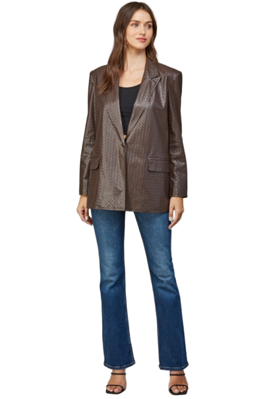 Criss Cross Faux Leather Blazer-Brown