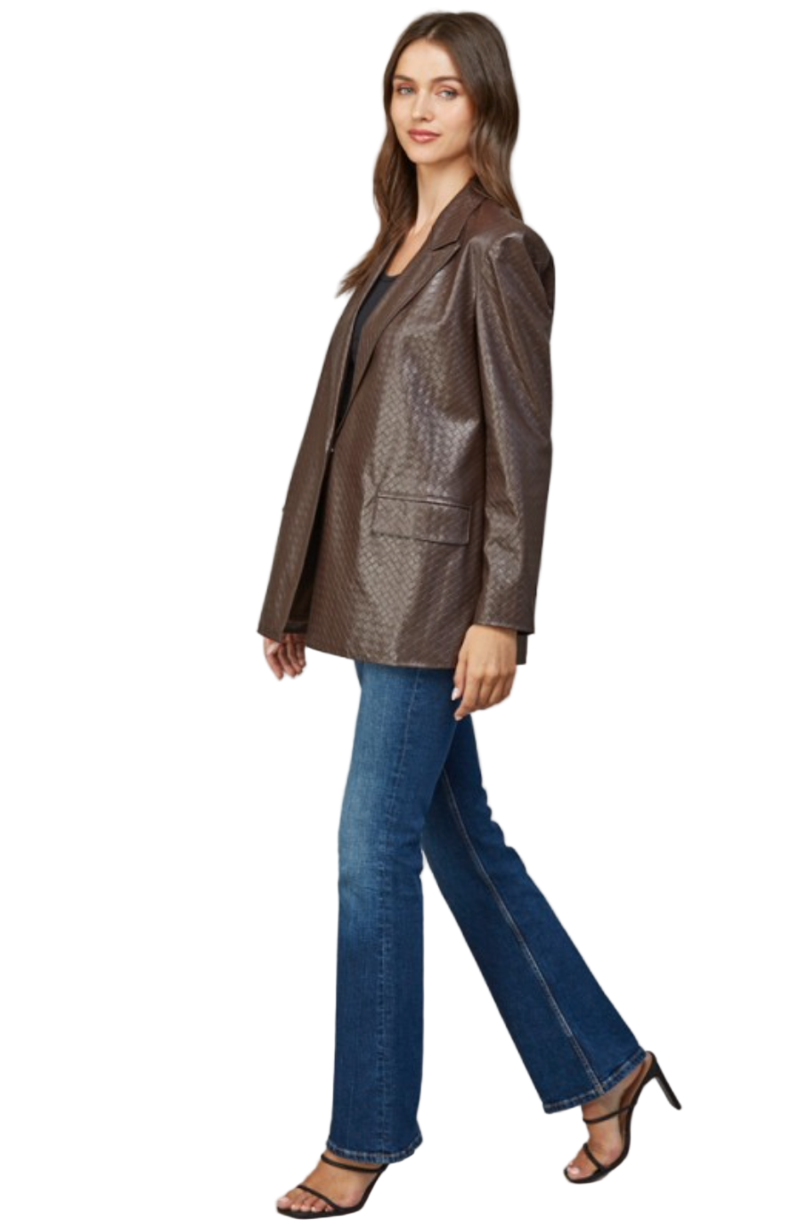 Criss Cross Faux Leather Blazer-Brown