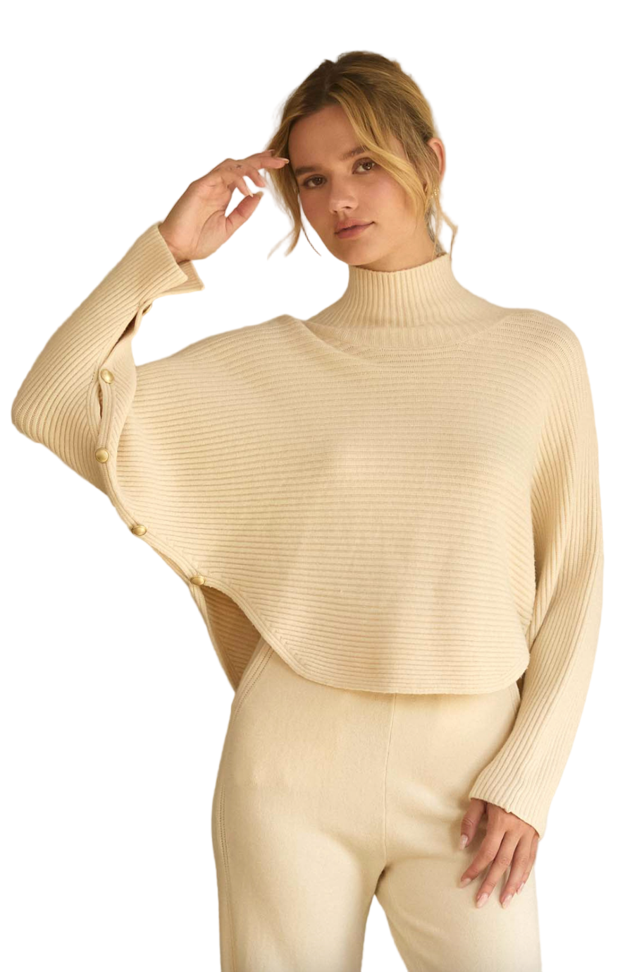 Asymmetrical Button Sleeve Sweater-Ivory
