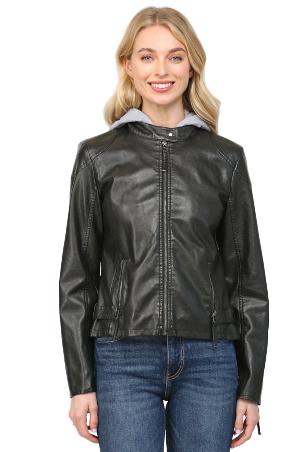 Hooded Faux Leather Jacket-Black