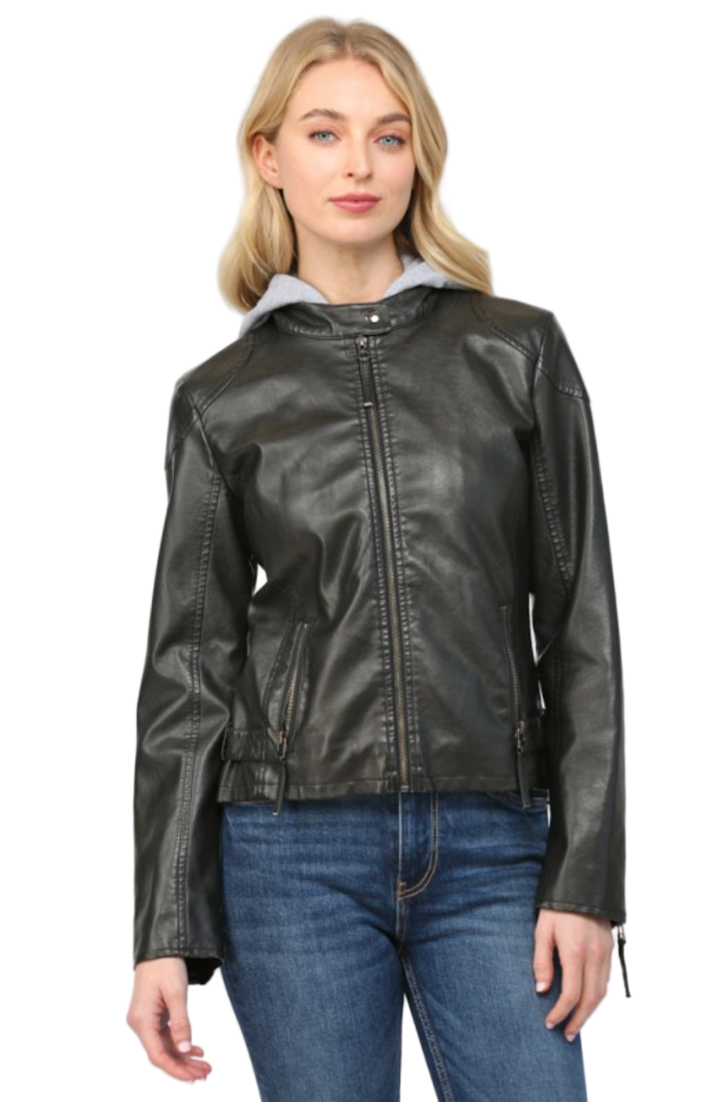 Hooded Faux Leather Jacket-Black