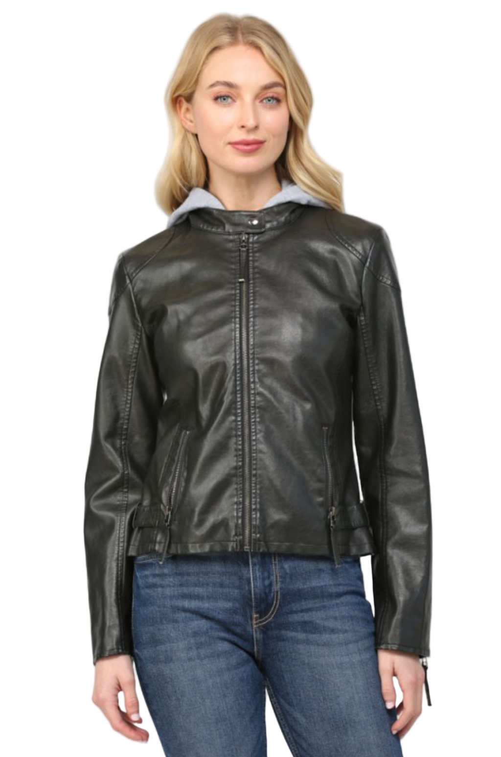 Hooded Faux Leather Jacket-Black