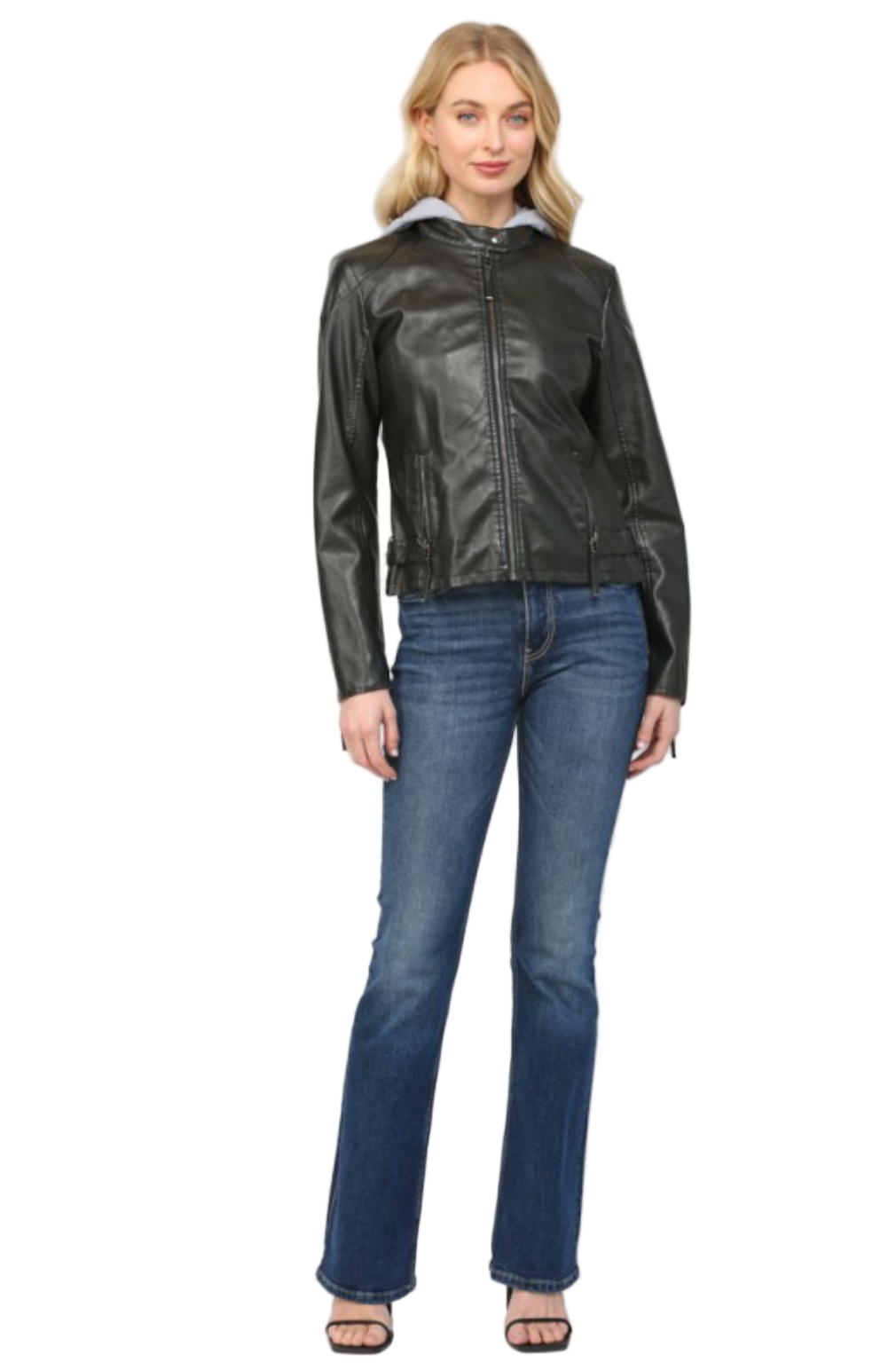 Hooded Faux Leather Jacket-Black