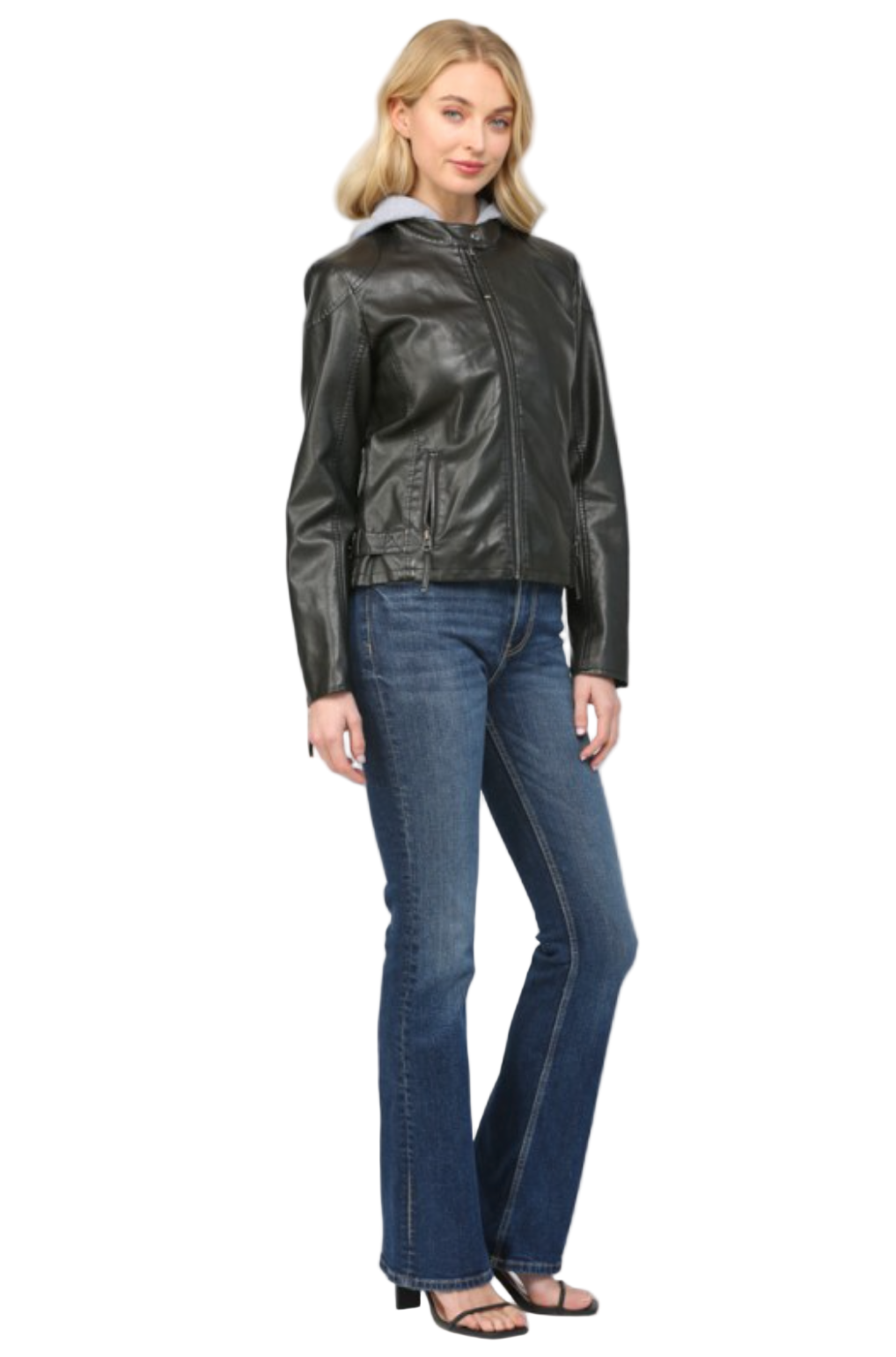 Hooded Faux Leather Jacket-Black