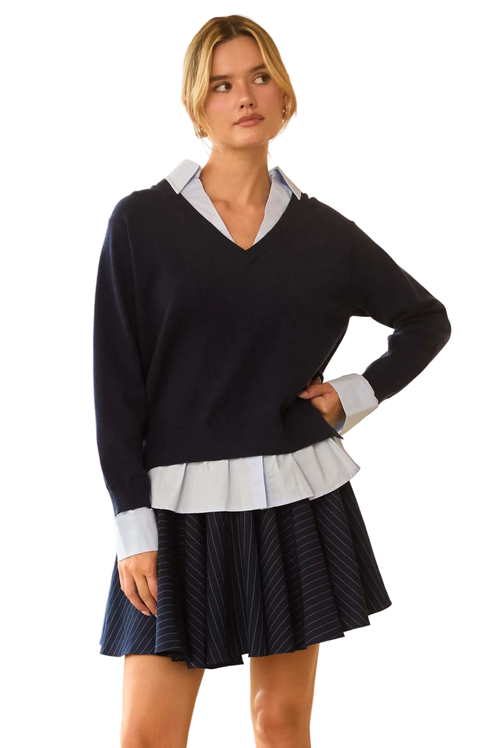 Layered Mixed Media Sweater-Navy/Blue