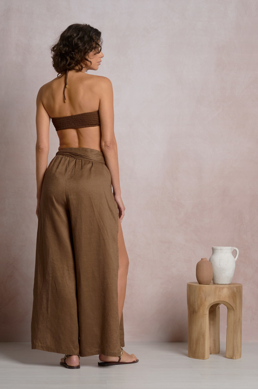 Linen Side Slit Pants-Brown