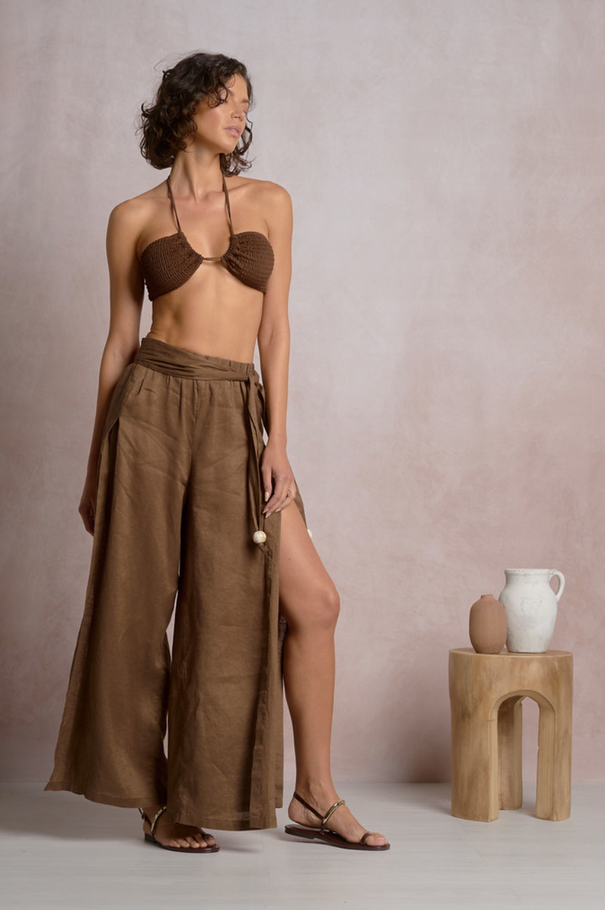Linen Side Slit Pants-Brown