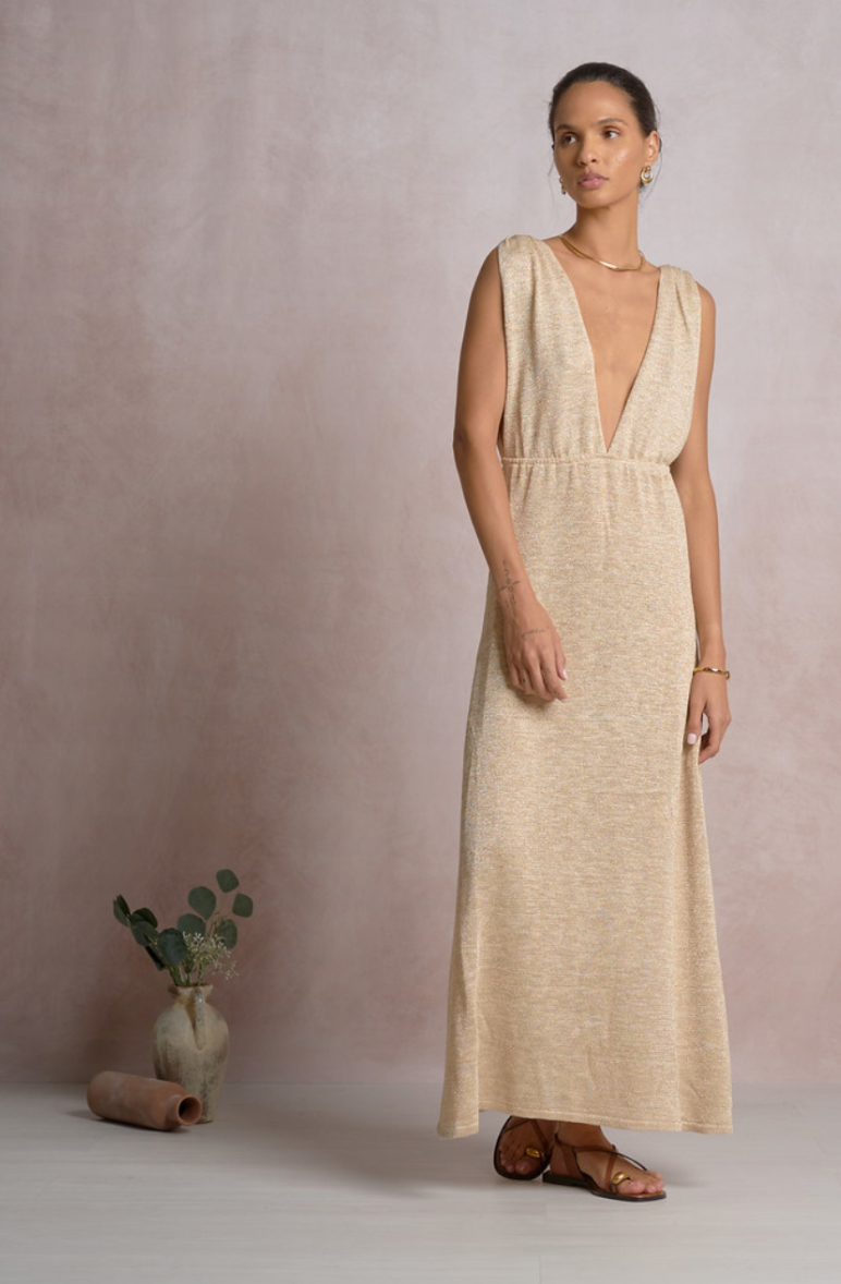 Maxi Plunge Coverup-Sparkly Beige