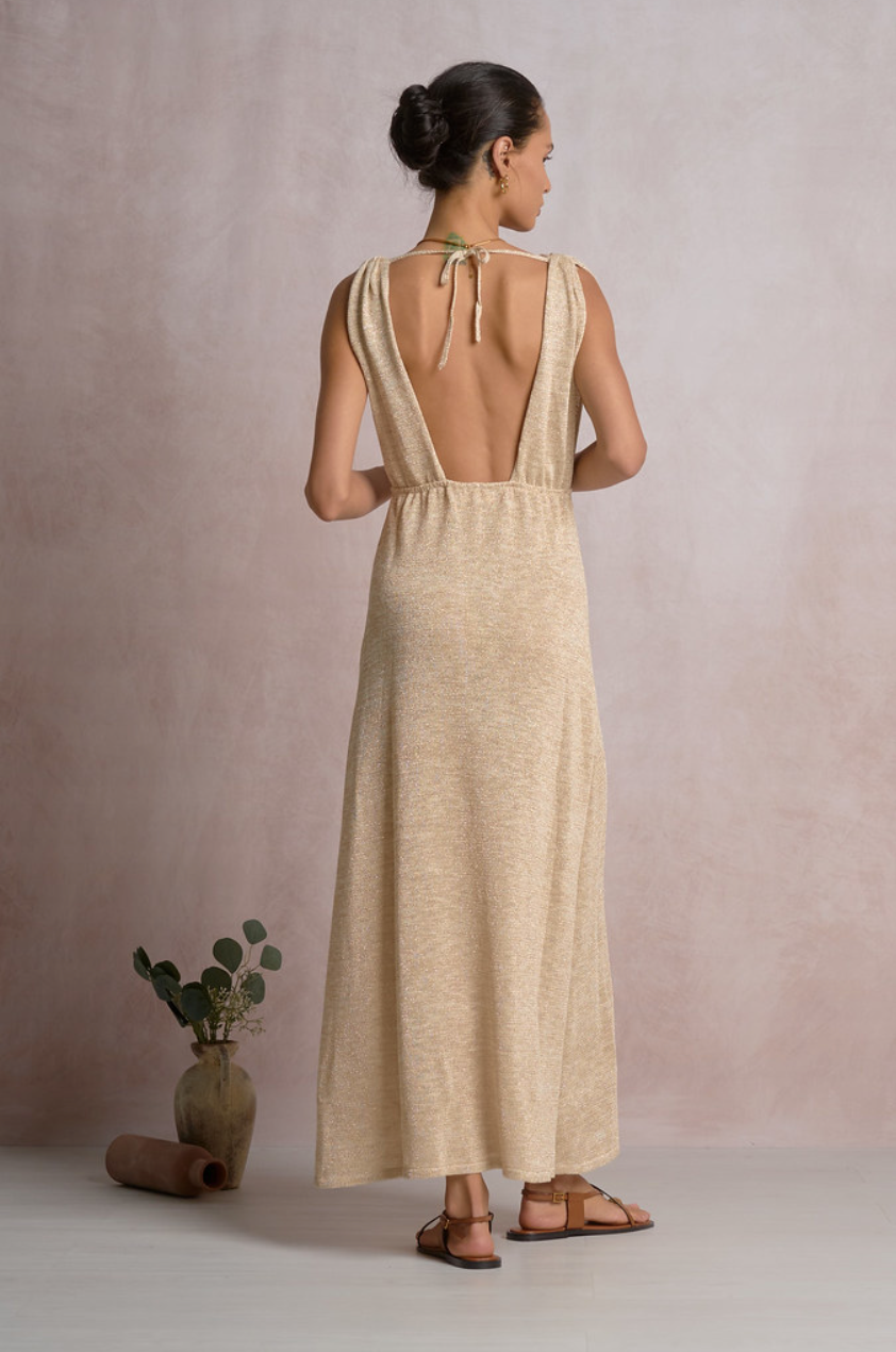 Maxi Plunge Coverup-Sparkly Beige