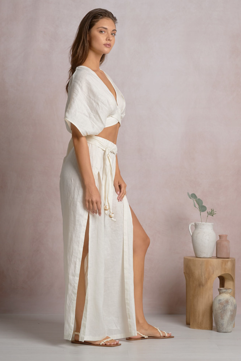 Linen Side Slit Pants-Cream