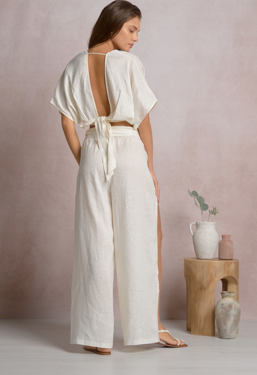 Linen Side Slit Pants-Cream