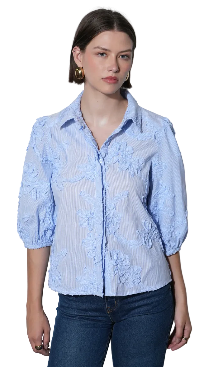 Eleanor Stripe Puff Sleeve Blouse-Blue