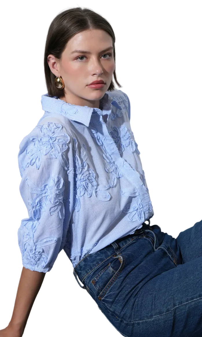 Eleanor Stripe Puff Sleeve Blouse-Blue