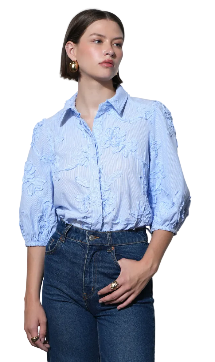 Eleanor Stripe Puff Sleeve Blouse-Blue