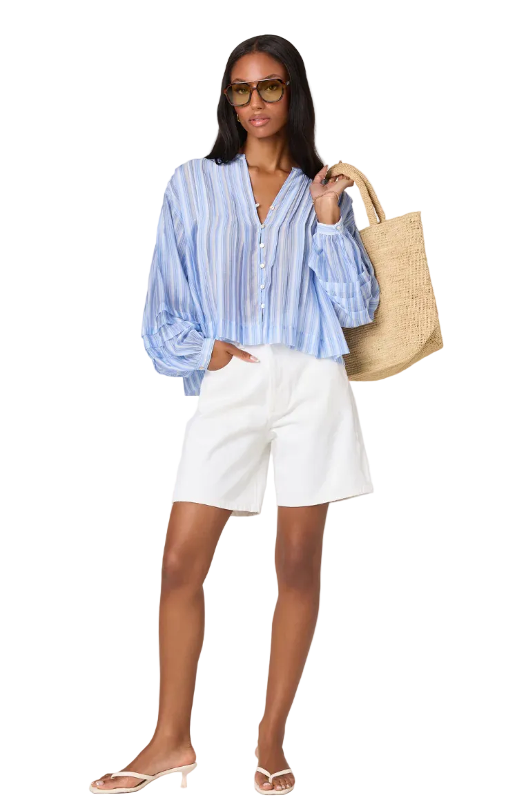Erica Balloon Sleeve Blouse-Blue Stripe