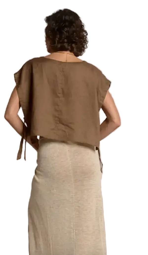 Linen Side Tie Top-Brown