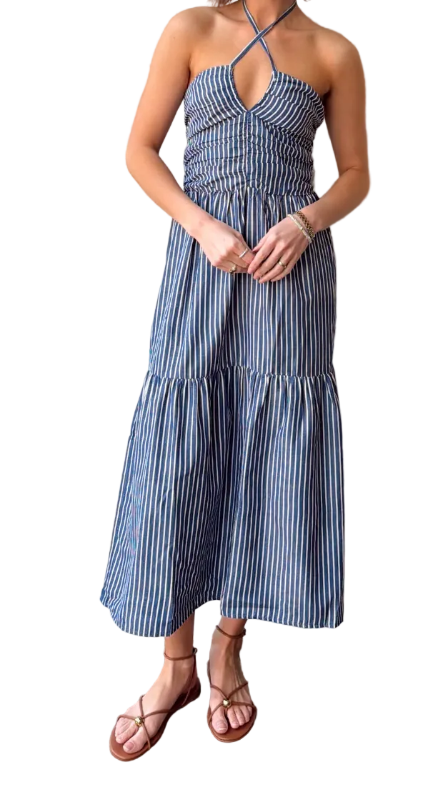Aeries Halter Dress-Azure Stripe