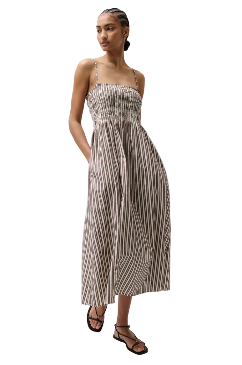 Bianca Shirred Dress-Java Stripe