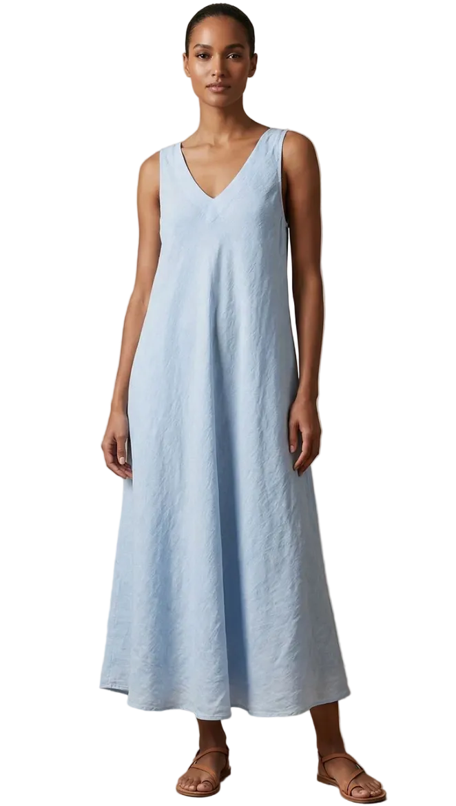 Linen V-Neck Tank Dress-Sky Blue
