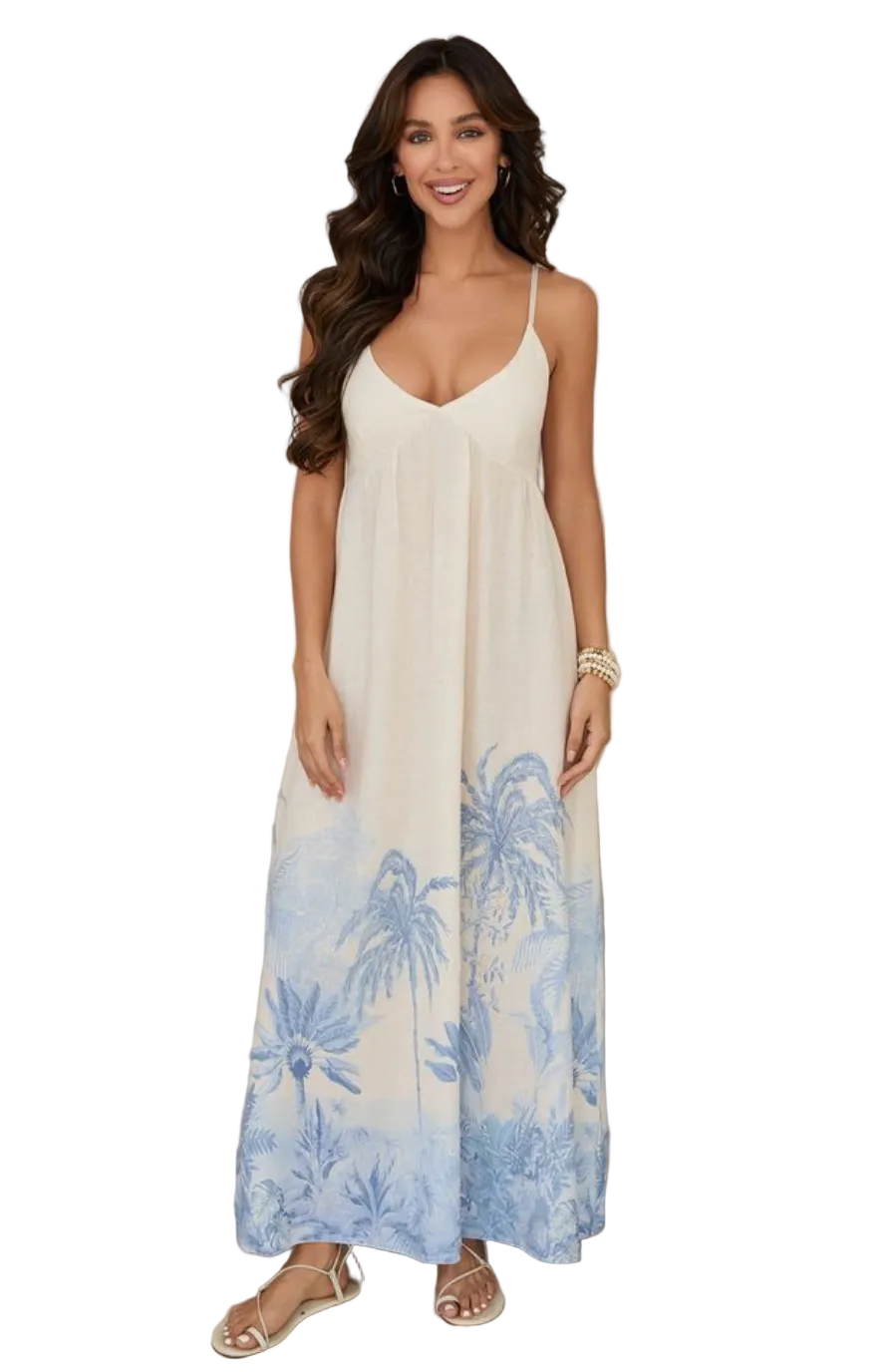 Tropical Palm Tree Maxi Dress-Cream/Blue