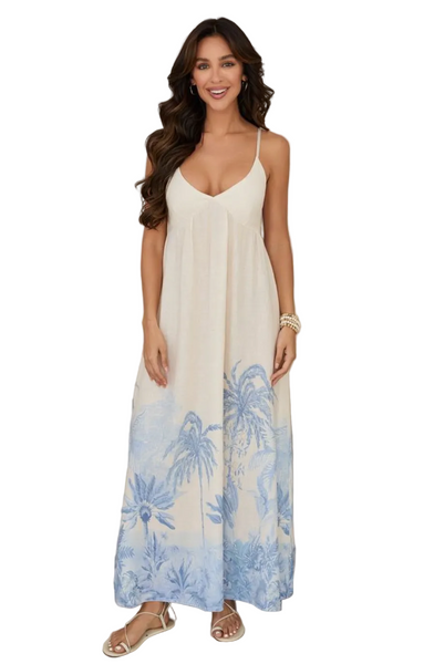 palm tree dress Hand Block Print Cotton Dress, White Palm Tree Pattern Boho Midi, Women's Summer V-Neck Kaftan Style Dress, Flowy Beach Holiday Resort Wear