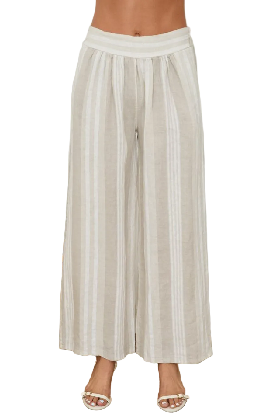 Flat Front Linen Wide Leg Stripe Pant-Beige