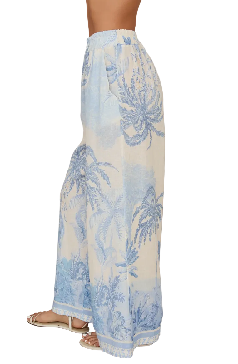 Palm Tree Linen Pants-Cream/Blue