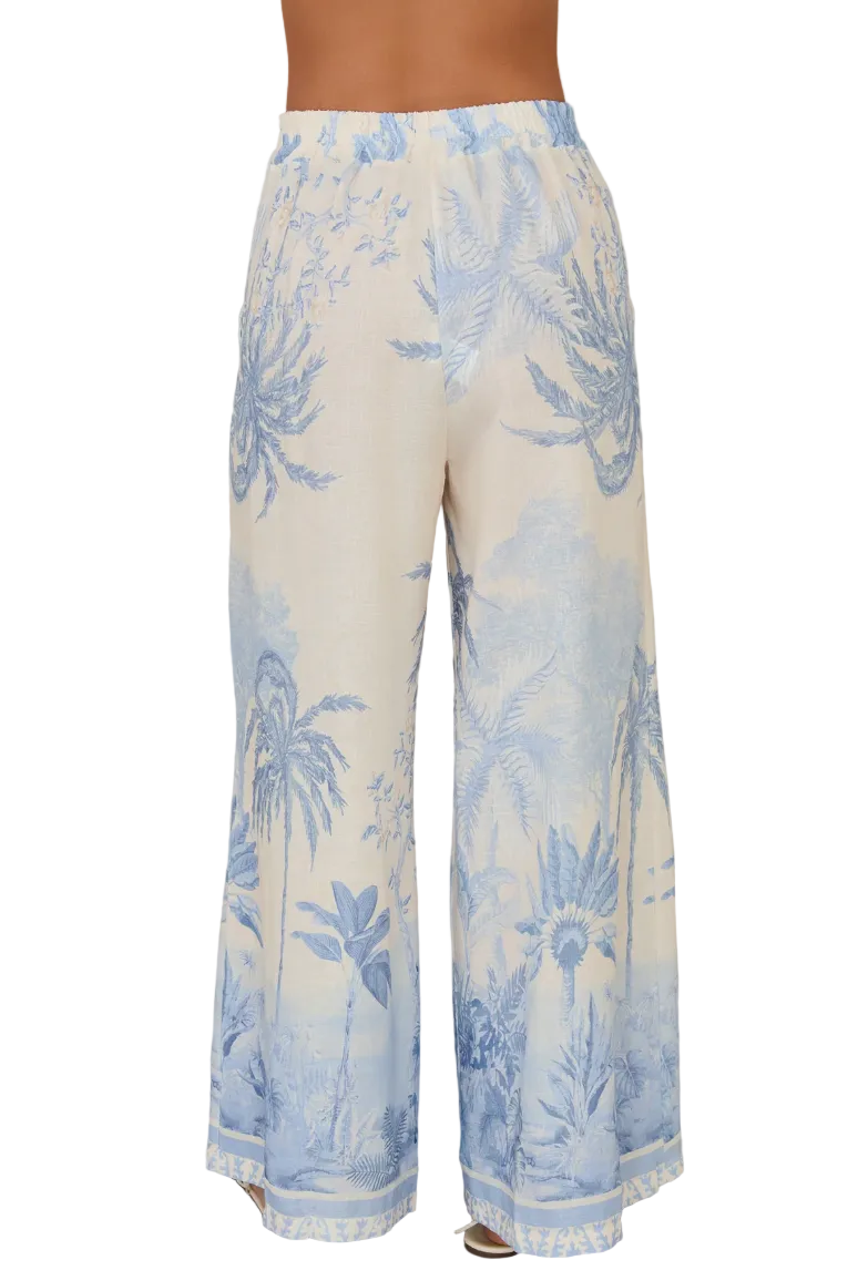 Palm Tree Linen Pants-Cream/Blue