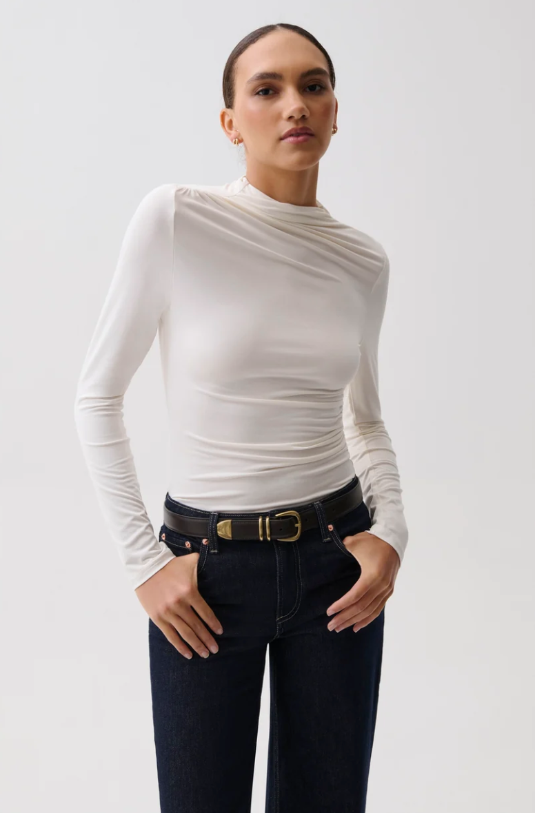 Nathalia Draped Mock Neck Top-Soft White