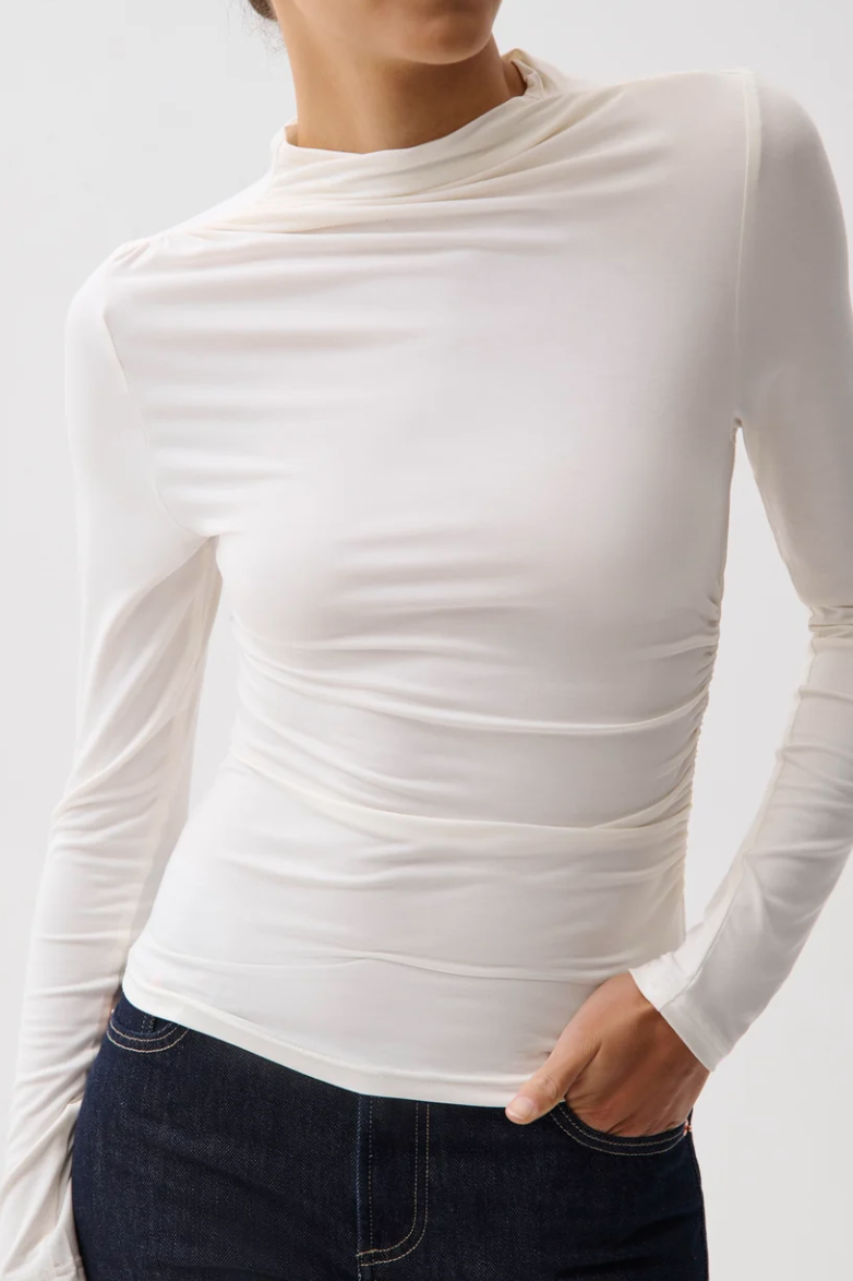 Nathalia Draped Mock Neck Top-Soft White