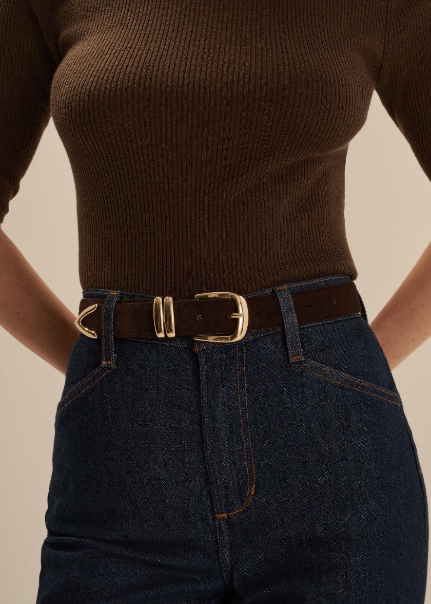 The Suede Jordan Belt-Chocolate/Gold