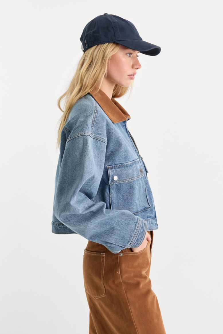 Denim Swing Cropped Jacket-Blue