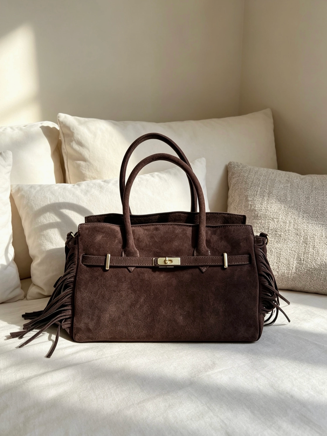 Fringe Suede Handbag-Dark Brown