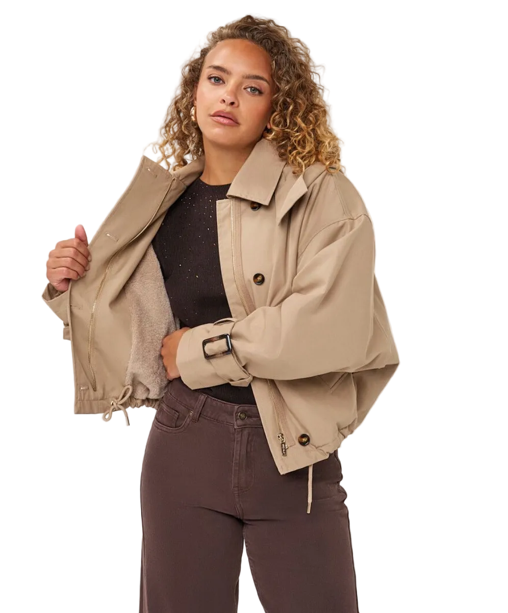 Hooded Short Trench Coat-Sand