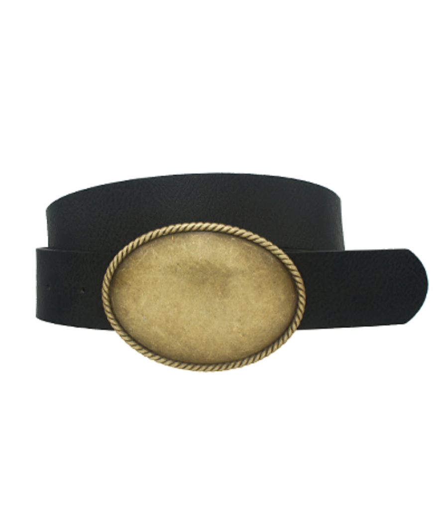 Rope Trim Oval Buckle Belt-Black