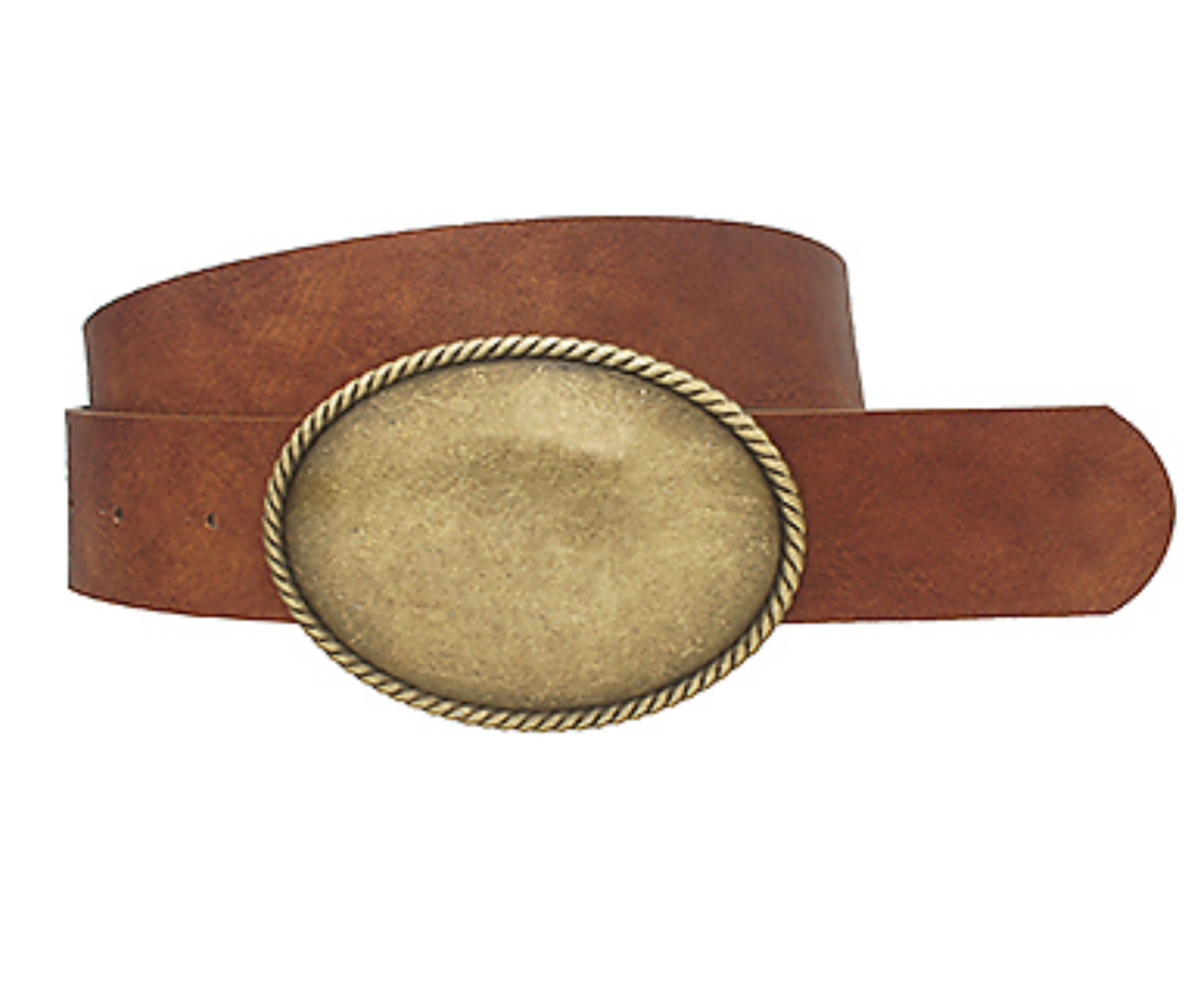 Rope Trim Oval Buckle Belt-Cognac