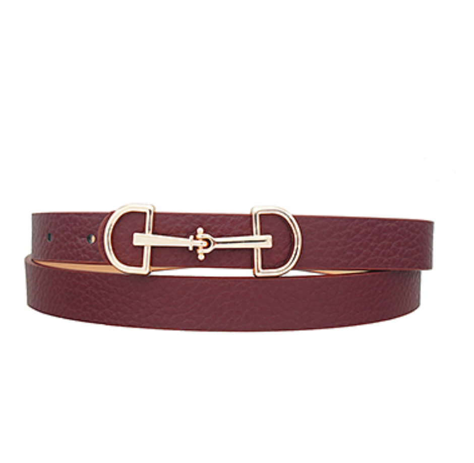 Horsebit Buckle Skinny Belt-Wine