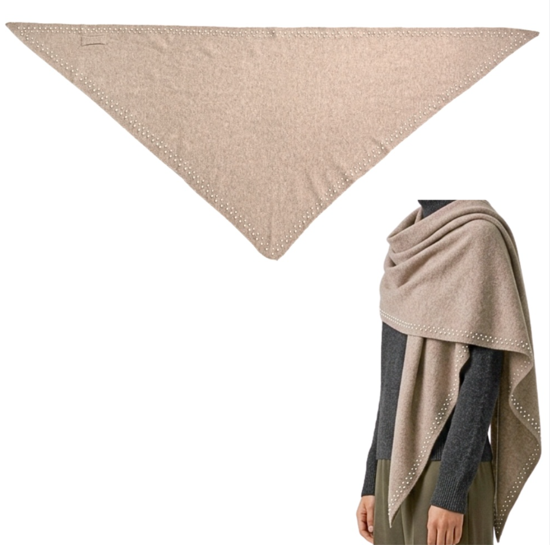 Triangle Knit w/ Pearl Scarf-Taupe