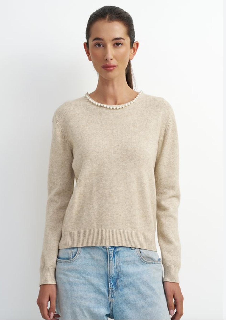 Pearl Neckline Sweater-Beige