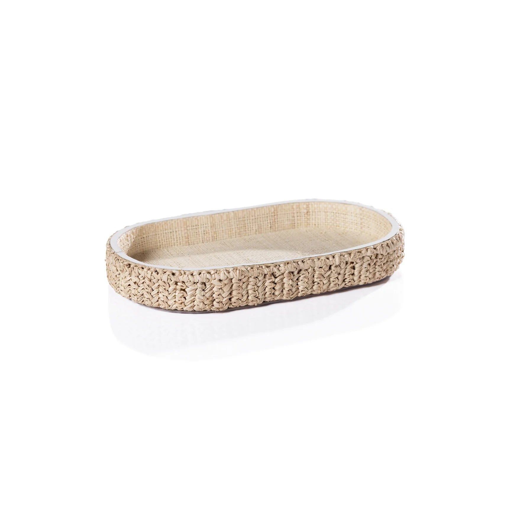 Natural Raffia Oval Tray w/ Leather Trim (2 Sizes)