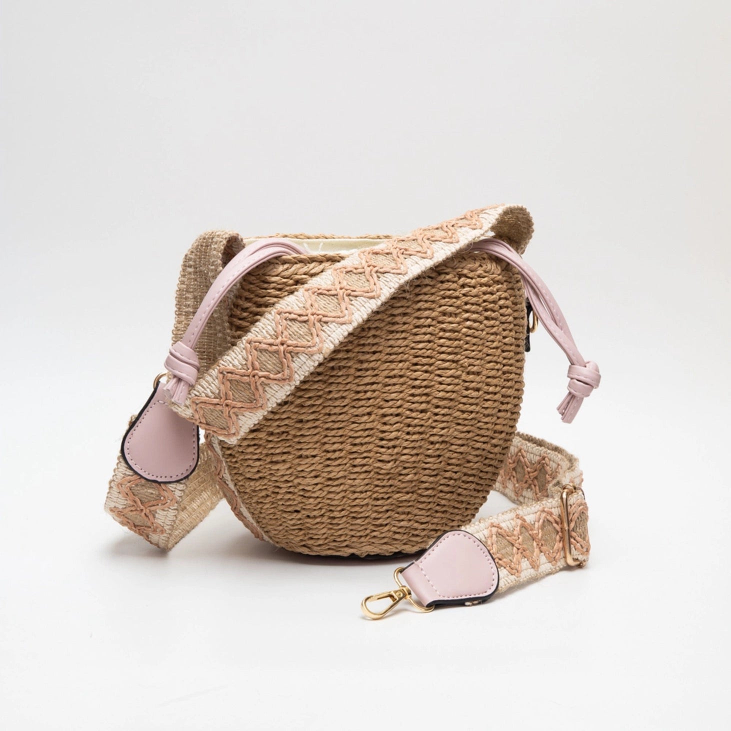 Rattan Bucket Bag- Brown/Pink