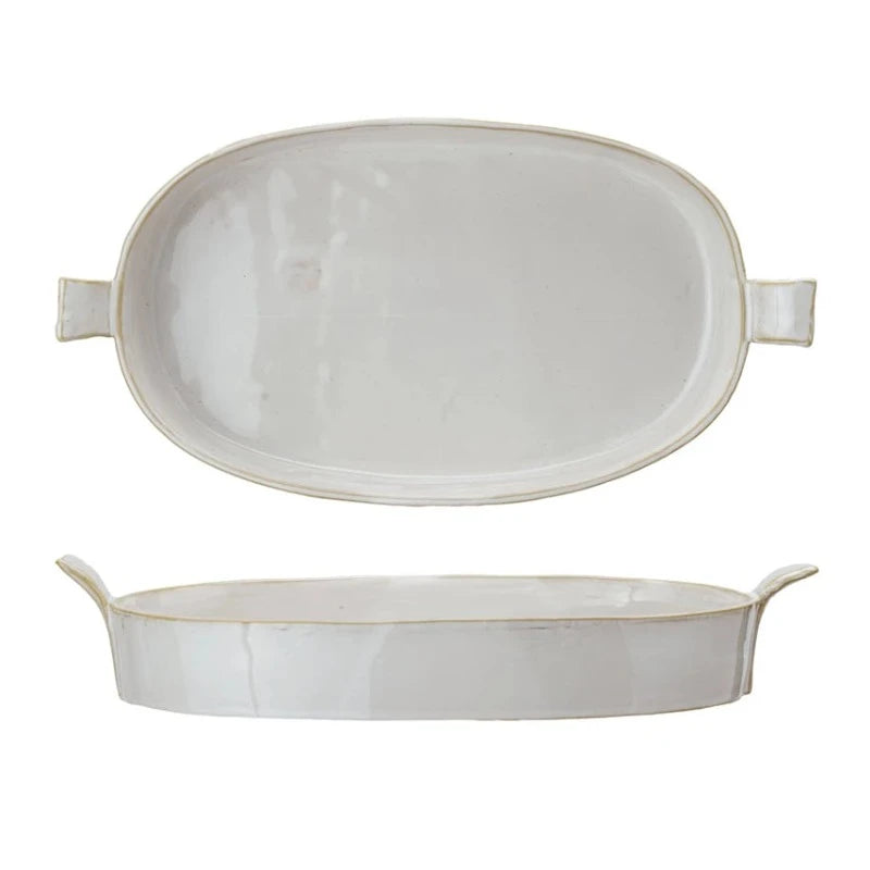 White Glazed Stoneware Baker w/ Handles