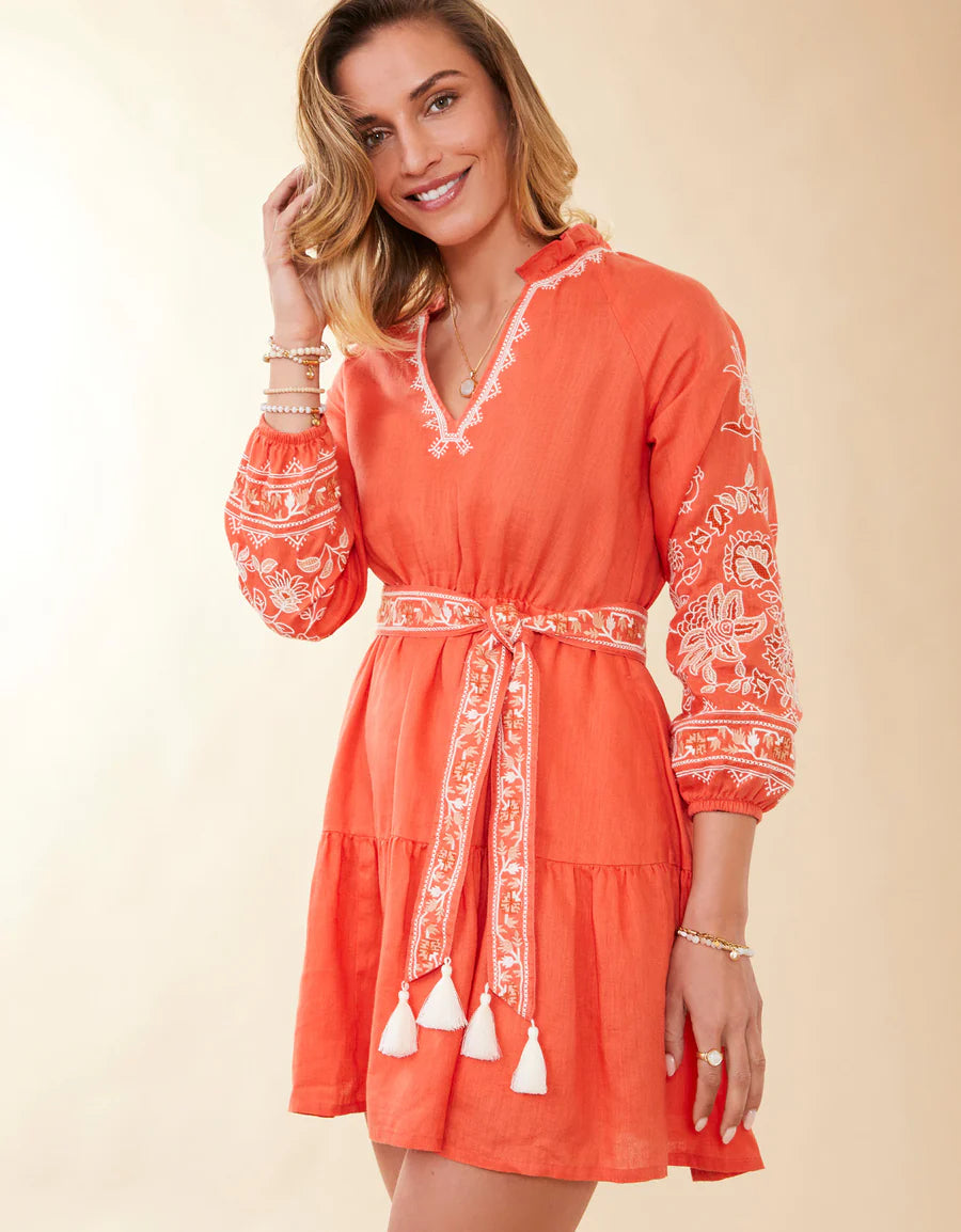 Sunita Linen Dress-Coral